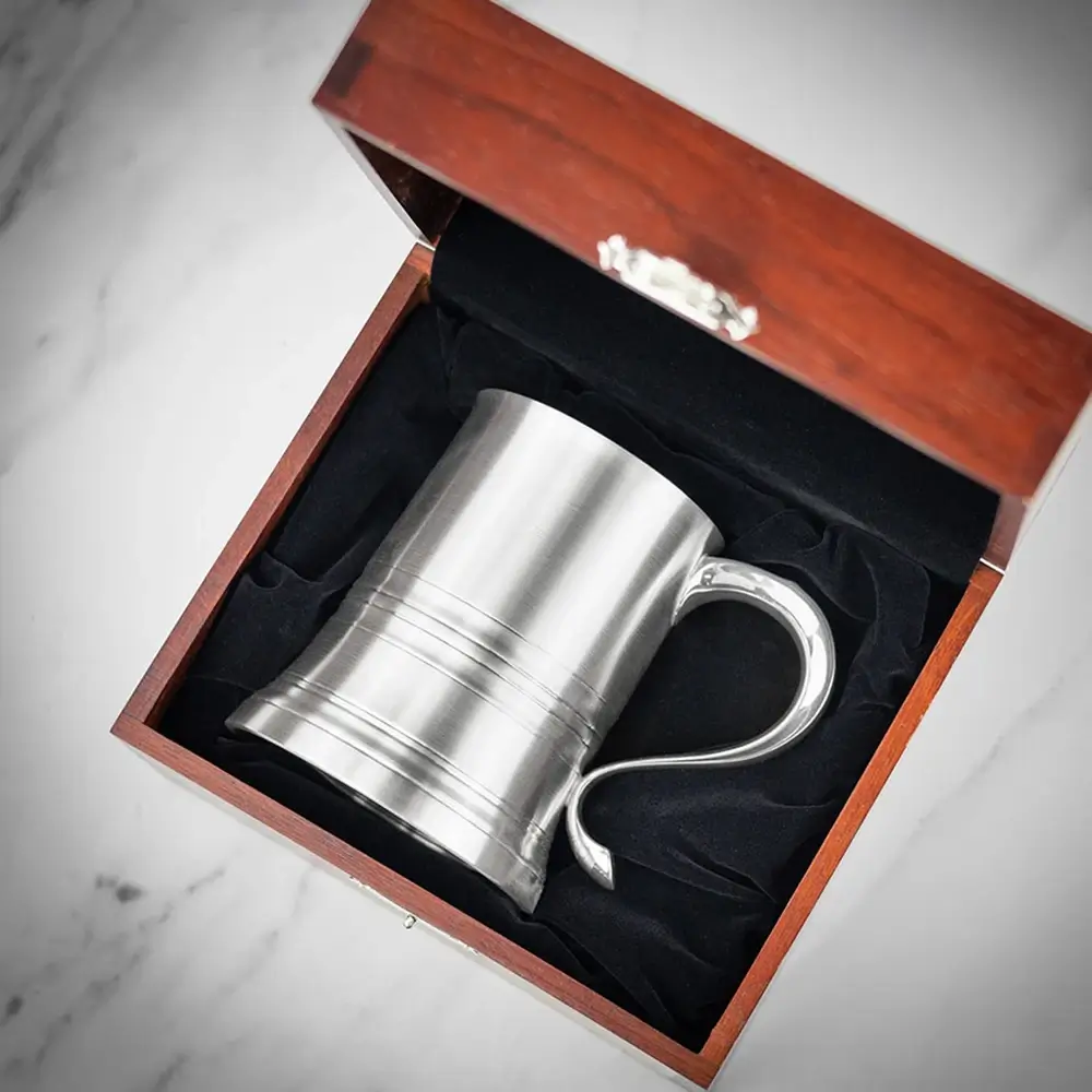 Royal Selangor Pewter Eton Tankard with glass base and engraving in presentation box