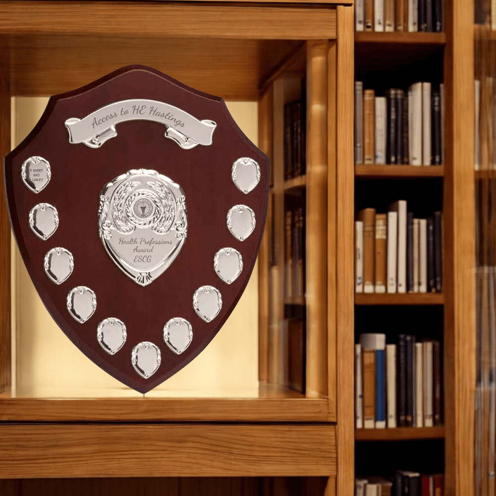 EIO Gifts Personalised Wooden Perpetual Annual Shield Award/Trophy | Customisable Sports Plaques | Football
