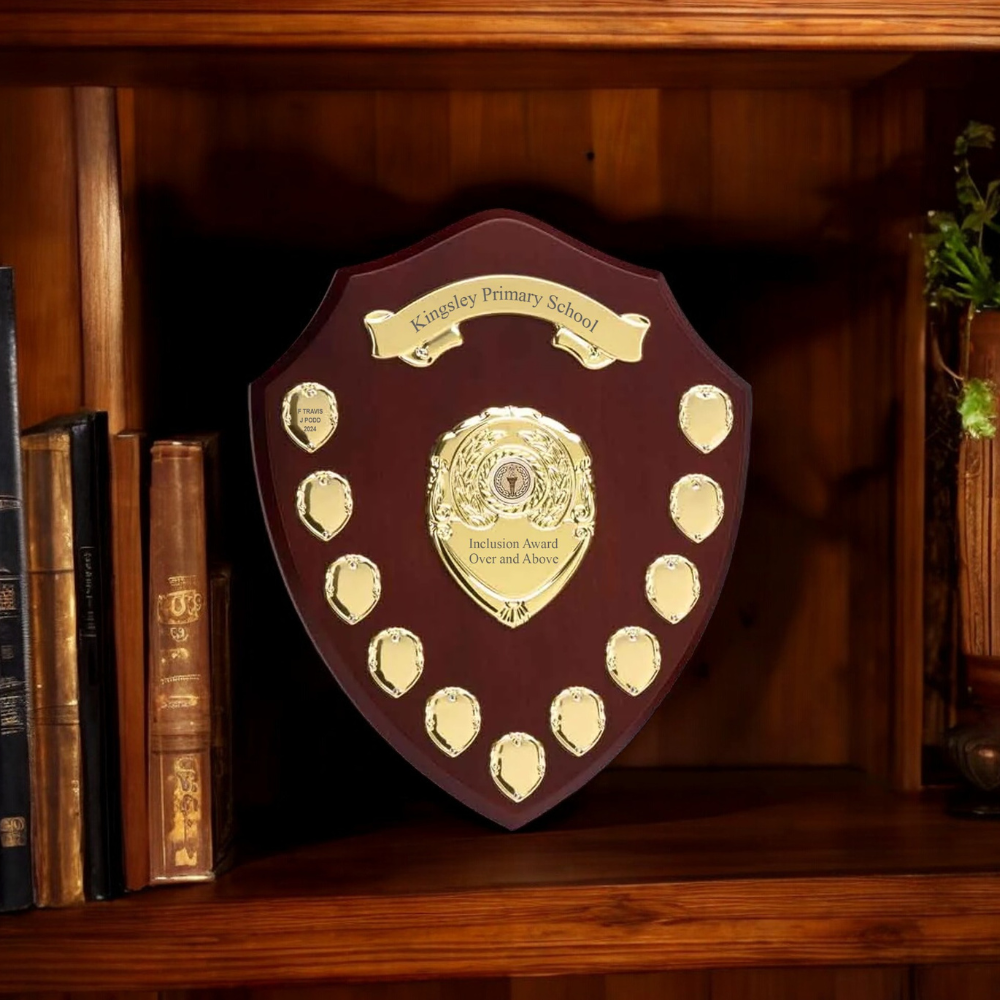 EIO Gifts Personalised Wooden Perpetual Annual Shield Award/Trophy | Customisable Sports Plaques | Football
