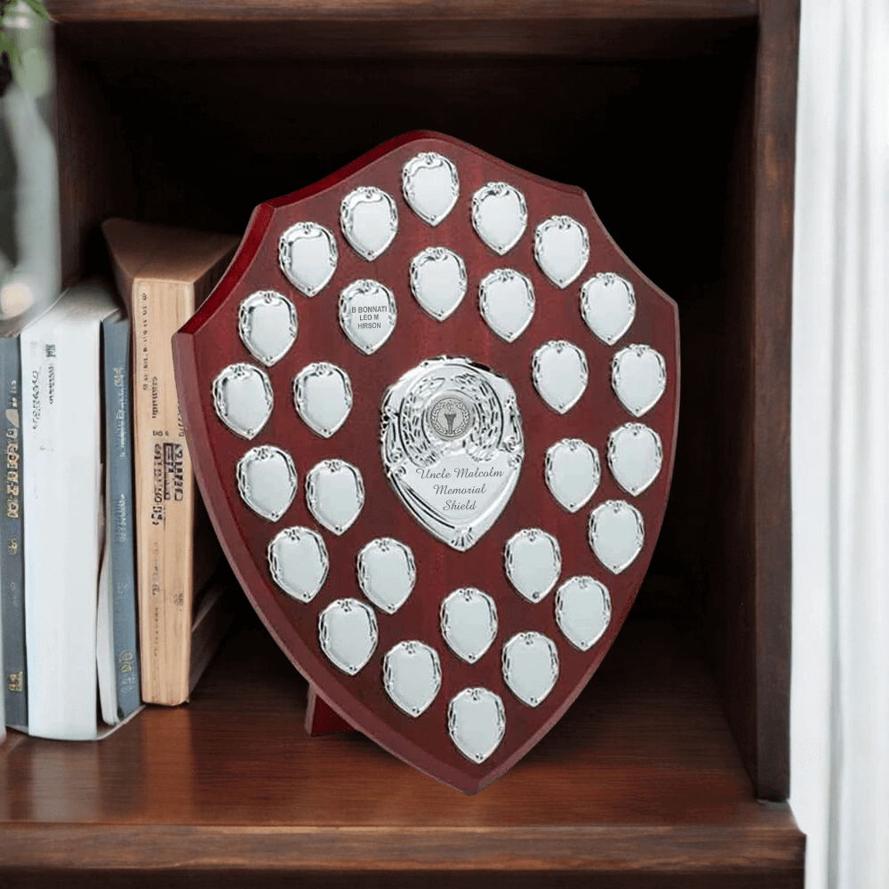 EIO Gifts Personalised Wooden Perpetual Annual Shield Award/Trophy | Customisable Sports Plaques | Football