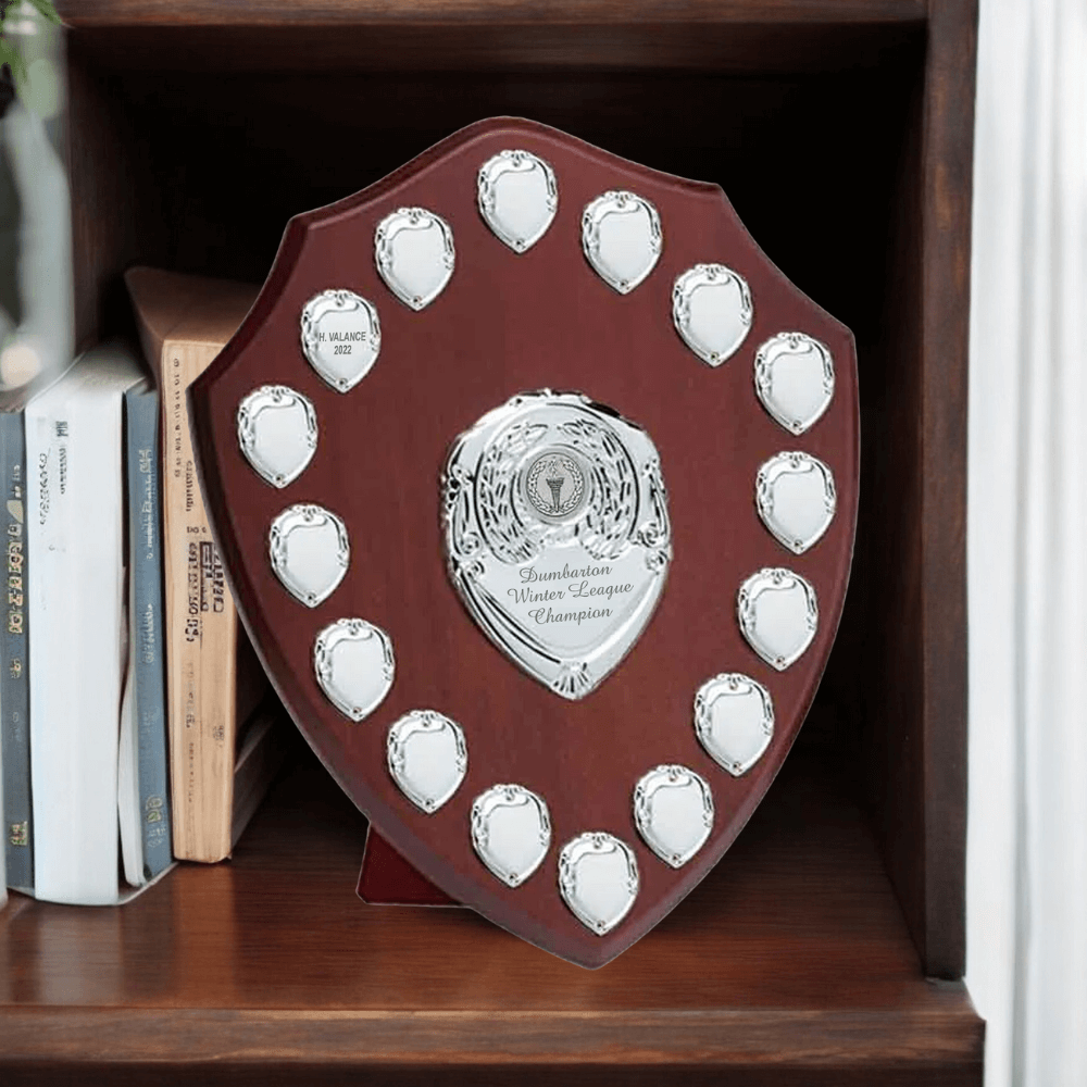 EIO Gifts Personalised Wooden Perpetual Annual Shield Award/Trophy | Customisable Sports Plaques | Football