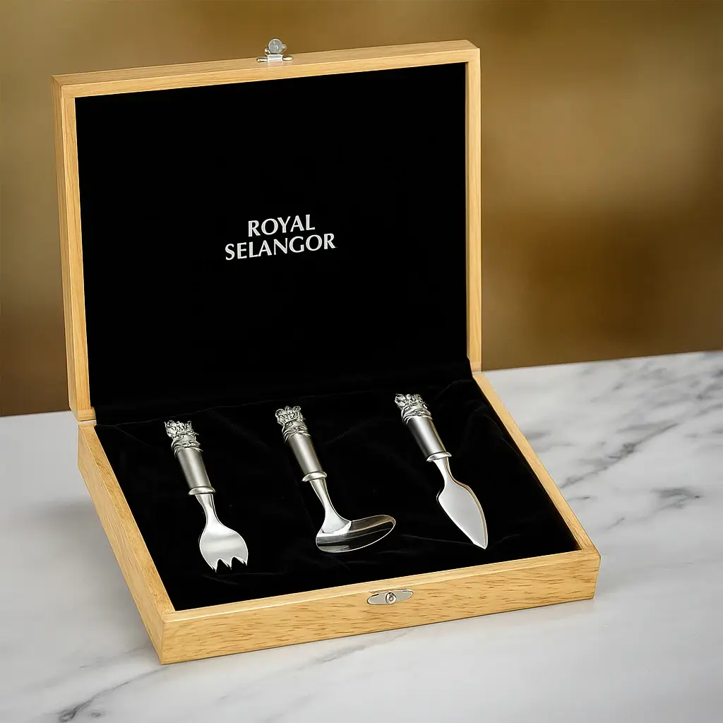 Royal Selangor Children’s Teddy Cutlery Set in wooden gift box with optional engraving