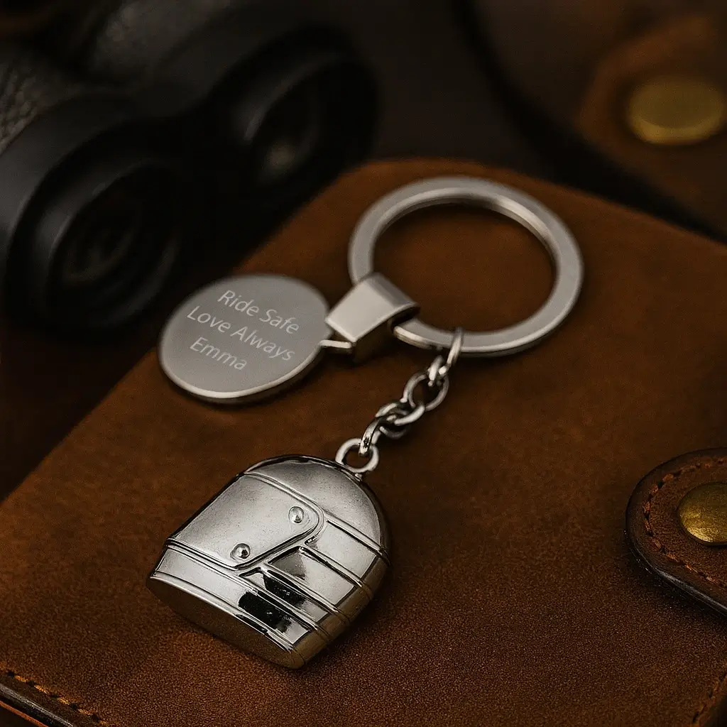 Medium personalised silver motorbike helmet keyring with engraving in gift box